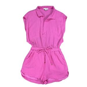 Hyfve Crinkle Gauze Hot Pink Romper Womens Large Cutout Cotton Summer Vacation